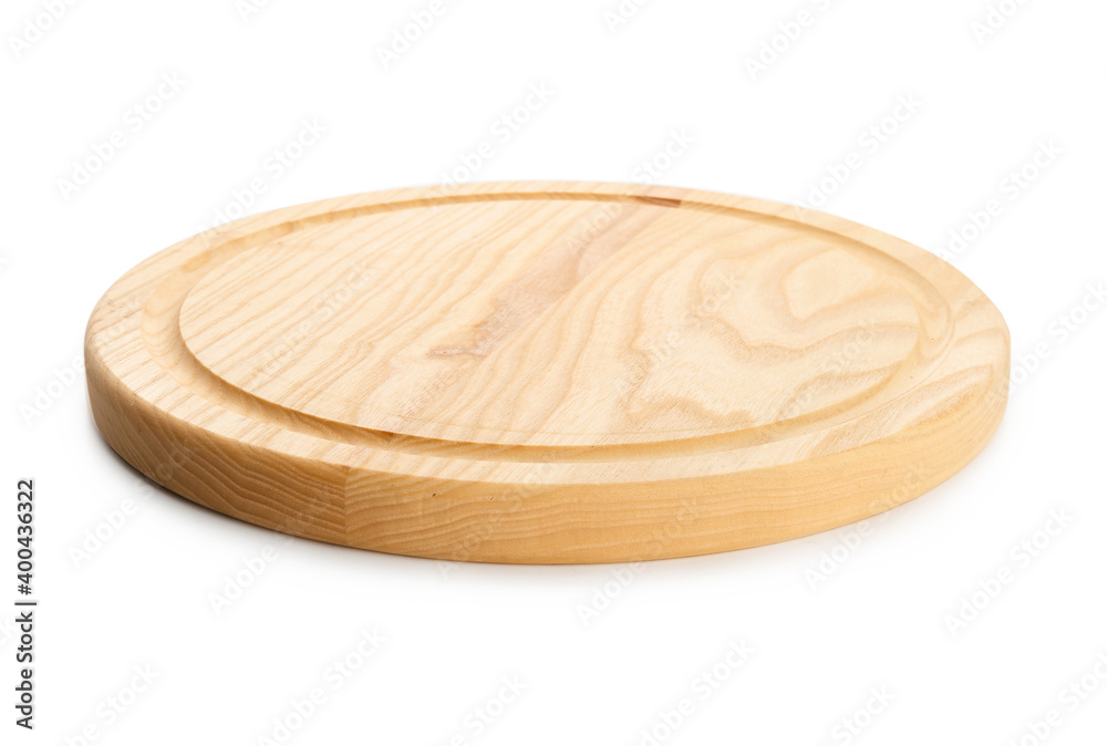 Wooden cutting board on white background