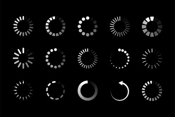 White loading icons on black background. EPS 10 vector