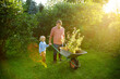 © Maria Sbytova - Gardener man and little child pushing wheelbarrow with plant seedlings in backyard. Spring season work in garden. Father and son are going to plant trees. Quality family leisure time.