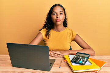 Wall Mural - Young african american girl working at the office with laptop and calculator relaxed with serious expression on face. simple and natural looking at the camera.