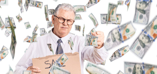 Canvas Print - Senior grey-haired man wearing business clothes holding save our democracy protest banner annoyed and frustrated shouting with anger, yelling crazy with anger and hand raised