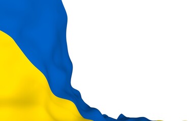 The flag of Ukraine on a white background. National flag and state ensign. Blue and yellow bicolour. 3D illustration waving flag