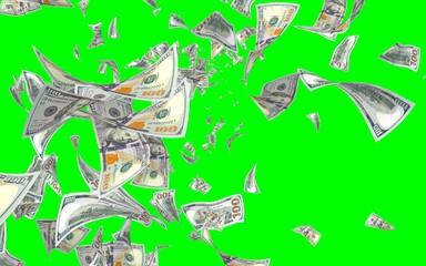 Flying dollars banknotes isolated on chromakey. Money is flying in the air. 100 US banknotes new sample. 3D illustration