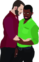 Two gay guys, black and white. LGBT couple and portrait of cute young men looking at each other. Pair of romantic partners on date. Gay relationship.