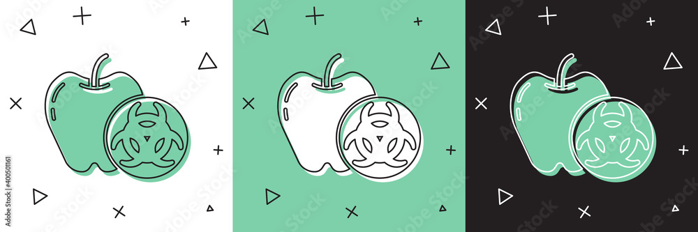 Set Genetically modified apple icon isolated on white and green, black background. GMO fruit.  Vector.