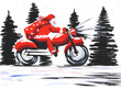 Watercolor Christmas postcard with classical Santa Clause in traditional costume riding red motorcycle against white snow background with stylized black firs. Hand drawn greeting for winter holidays