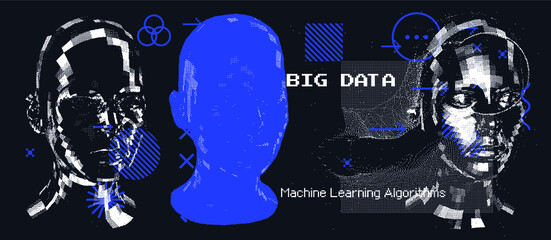 Poster - Artificial Intelligence concept. Android machine head made of pixels.