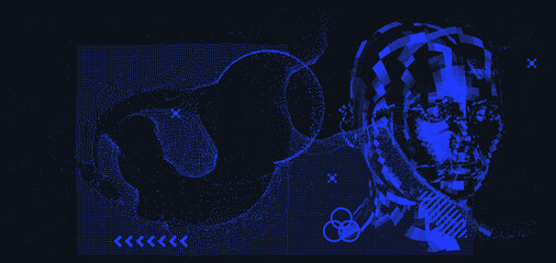 Poster - Artificial Intelligence concept. Android machine head made of pixels.