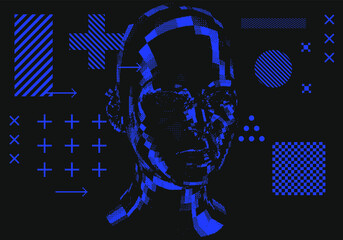 Poster - Artificial Intelligence concept. Android machine head made of pixels.