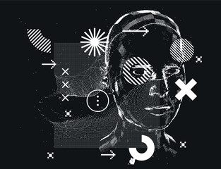 Poster - Artificial Intelligence concept. Android machine head made of pixels.