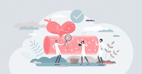 Wall Mural - Cholesterol health with fat level in vein blood checkup tiny person concept