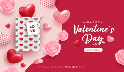 Wall Mural - Happy Valentine Day background or banner with lovely heart, rose flowers and gift box elements.