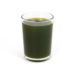 Wall Mural - Green vegetable smoothie juice in glass isolated on white background. Clipping path.