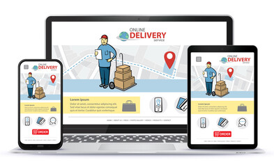 Poster - responsive design template for online shopping app and mobile website. online delivery service vecto
