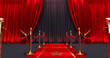 © mustapha - Awards show background with red curtains open on Black screen, Long red carpet between rope barriers, 3D render