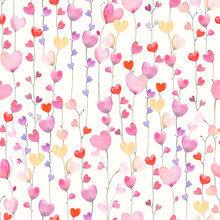 Cute Seamless Pattern With Vertical Garland Of Hearts. Watercolor Illustration On Ivory Background. Colorful Print For Textile, Wrapping Paper, Wallpapers Or Cover.