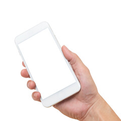 Hand holding a white smartphone with blank screen isolated on white background with clipping path