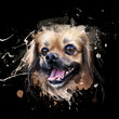 A pug. Artistic and graphic drawing, hand-drawn color portrait of the head of a pug dog on a black background with splashes of watercolor paint.