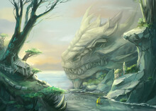 Digital Painted Landscape With Giant Dragon Head. Beautiful Modern Fantasy Illustration.
