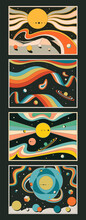 Psychedelic Space Abstract Backgrounds, Poster Templates, Vintage Colors, Geometric Shapes 