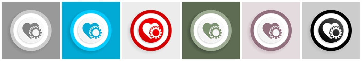Aufkleber - Heart and cogwheel icon set, colorful flat design vector illustrations in 6 options for web design and mobile applications