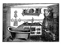 Water Heather Without Water Pipes, From The Kitchen Stove To Heat Manually With Hose The Bathtub Water, 19th Century Illustration