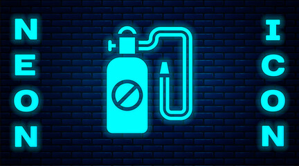 Poster - Glowing neon Pressure sprayer for extermination of insects icon isolated on brick wall background. Pest control service. Disinfectant sprayer. Vector.