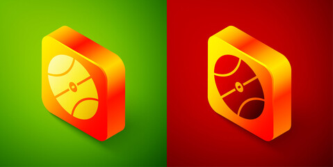 Sticker - Isometric Basketball ball icon isolated on green and red background. Sport symbol. Square button. Vector.