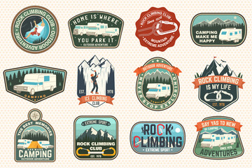 set of rock climbing club and summer camp badges vector concept for shirt or print, stamp, patch or 