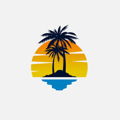 Logo design template, with seaside, moon and sillhouette trees scenery design