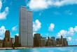 World Trade Center featured as landmark of the Twin Towers from New Jersey and Hudson River. Archival and historical cityscape of New York skyline. Manhattan in NYC, United States. Sunny blue sky.