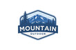 Mountain logo outdoor emblem circle - adventure wildlife pine tree forest design, hiking exploration nature, camping basecamp campfire alpine himalaya.