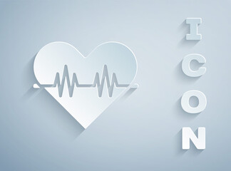 Wall Mural - paper cut heart rate icon isolated on grey background. heartbeat sign. heart pulse icon. cardiogram 