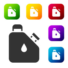 Poster - Black Canister for flammable liquids icon isolated on white background. Oil or biofuel, explosive chemicals, dangerous substances. Set icons in color square buttons. Vector.