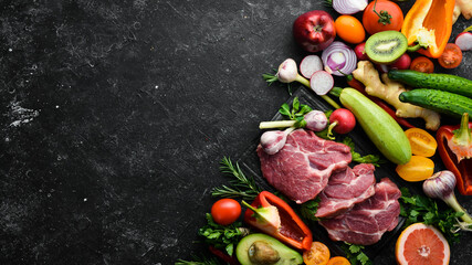 Protein menu: veal meat, vegetables and fruits. Food background.