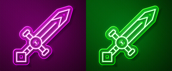 Sticker - Glowing neon line Medieval sword icon isolated on purple and green background. Medieval weapon. Vector.