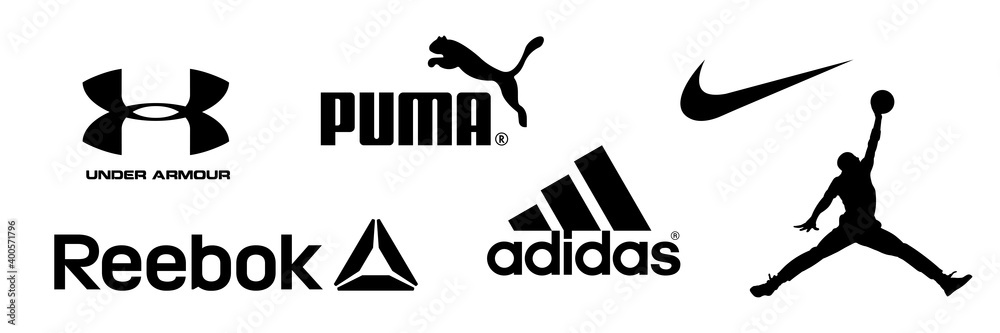 Reebok, Nike, Jordan, Adidas, Puma, Under Armour - logos of sports 