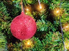 Christmas Tree Decorations With Red Crystal Ball. New Year And X’mas Concept