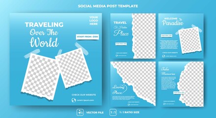 Wall Mural - Set of the editable square banner template. Blue background color with a photo collage. Usable for social media posts, banners, and web internet ads.