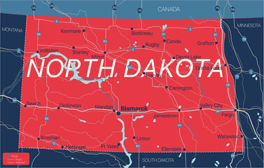 Wall Mural - North Dacota state detailed editable map with cities and towns, geographic sites, roads, railways, interstates and U.S. highways. Vector EPS-10 file, trending color scheme