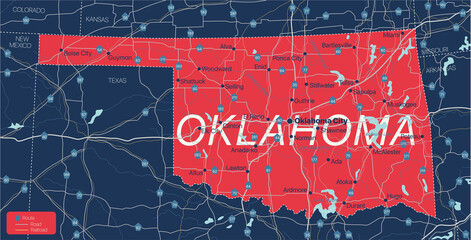 Poster - Oklahoma state detailed editable map with cities and towns, geographic sites, roads, railways, interstates and U.S. highways. Vector EPS-10 file, trending color scheme