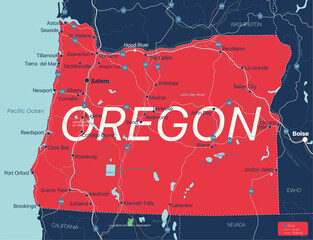 Wall Mural - Oregon state detailed editable map with cities and towns, geographic sites, roads, railways, interstates and U.S. highways. Vector EPS-10 file, trending color scheme