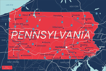 Wall Mural - Pennsylvania state detailed editable map with cities and towns, geographic sites, roads, railways, interstates and U.S. highways. Vector EPS-10 file, trending color scheme