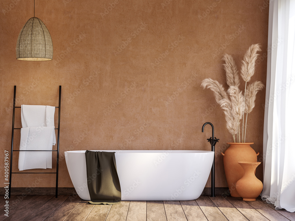 Local style bathroom with blank orange wall 3d render,There are old wood floor decorate with rattan lamp and terracotta jar with dry reed flower. - obrazy, fototapety, plakaty 