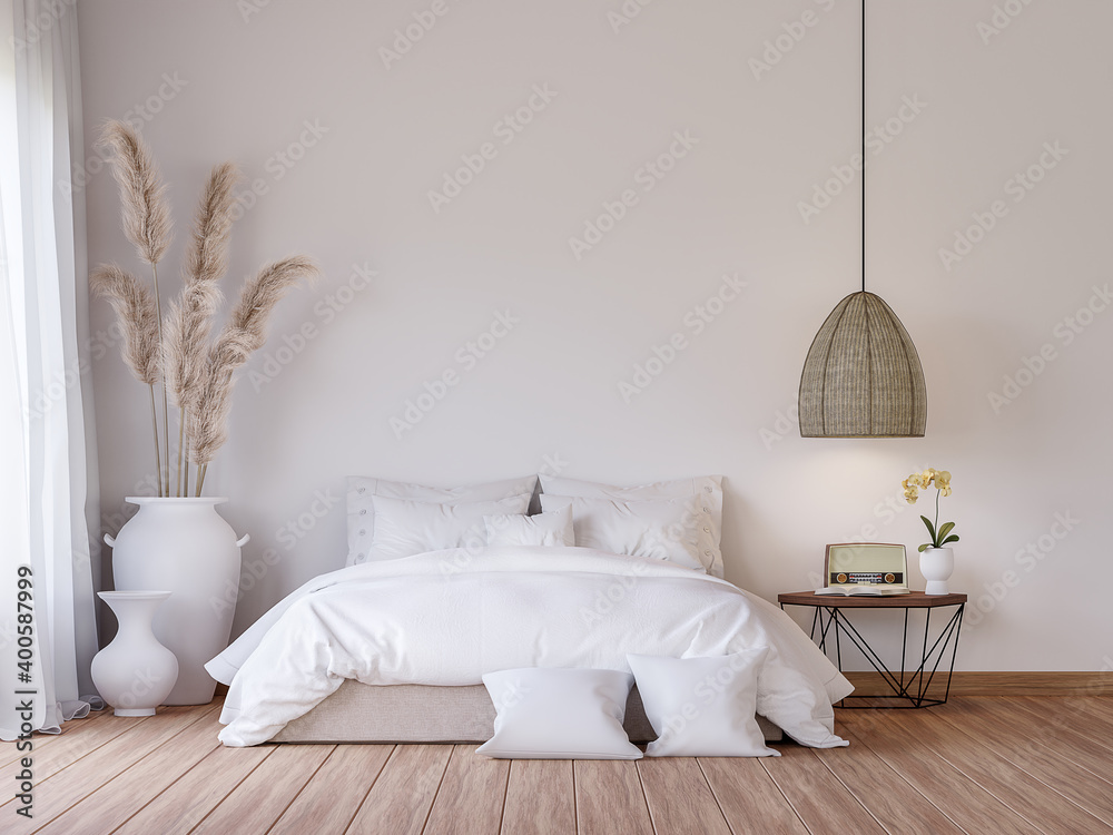Mininal contemporary style bedroom 3d render,There are wooden floor decorate with white fabric bed set and big white jar with dry reed flower. - obrazy, fototapety, plakaty 