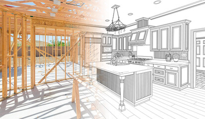 house construction framing gradating into kitchen design drawing