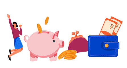 Piggy bank and purses with cheerful woman character as concept of money savings and budget  economy, flat vector illustration isolated on white background. Bank savings and cash transactions.