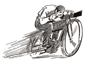 Classic motorcycle rider at high speed, after an illustration from the early 20th century