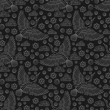 Seamless Pattern With  Birds, Clouds And Flowers, Light Contour Birds On A Dark Background