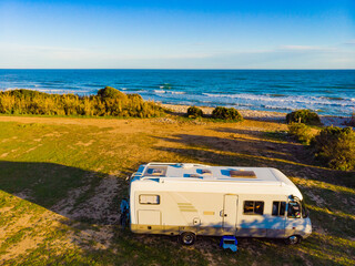 Caravan camping on coast.